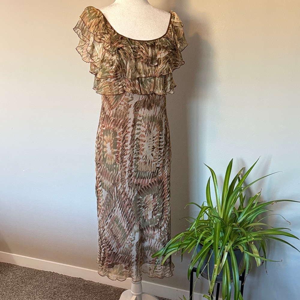 Y2K Spenser Jeremy Silk Dress Earthy Tones Ruffle bodice Bias cut watercolor 6